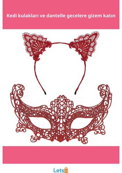 Romantik Kırmızı Dantel Maske Kedi Kulaklı Taç Seti fiyatları