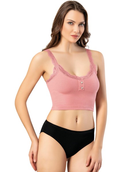 Dantelli Askılı Fitilli (Ribana) Pamuklu Düğmeli Body / Bluz / Atlet Su Yeşili & Gül Kurusu