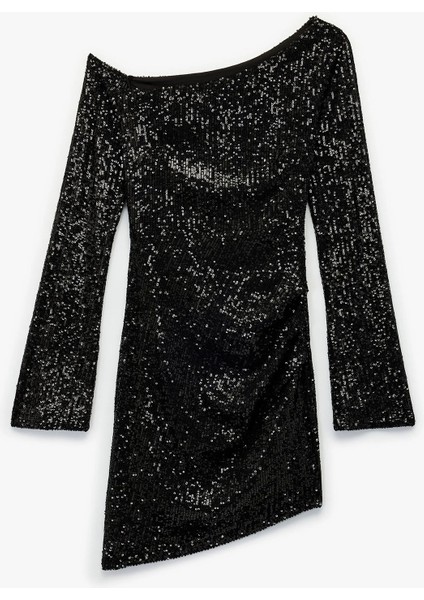 Kadın x Sibil Çetinkaya - Kayık Yaka Uzun Kollu Asimetrik Pullu Payetli Mini Abiye Elbise 6WAK80104FK modelleri