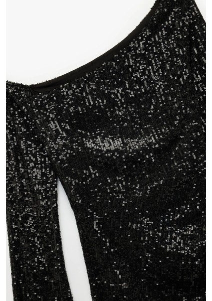 Kadın x Sibil Çetinkaya - Kayık Yaka Uzun Kollu Asimetrik Pullu Payetli Mini Abiye Elbise 6WAK80104FK fırsatları