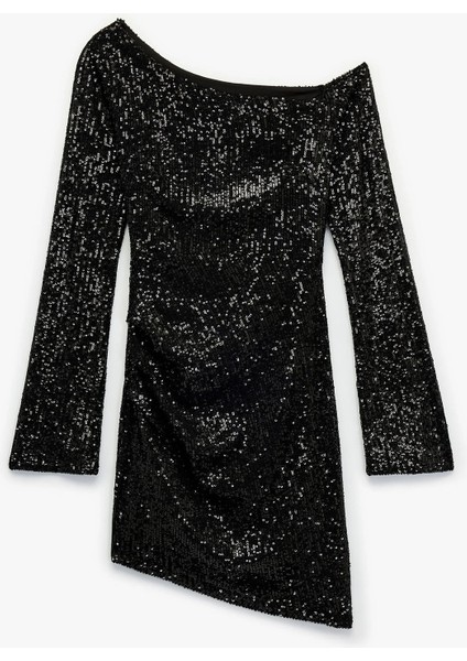 Kadın x Sibil Çetinkaya - Kayık Yaka Uzun Kollu Asimetrik Pullu Payetli Mini Abiye Elbise 6WAK80104FK indirimleri