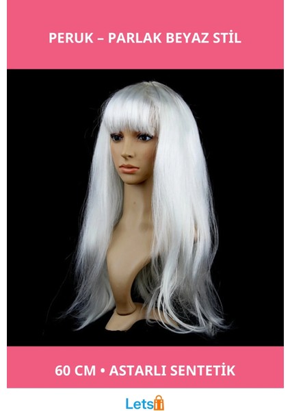 Beyaz Renk Sentetik Parti Peruk Saç 60 cm