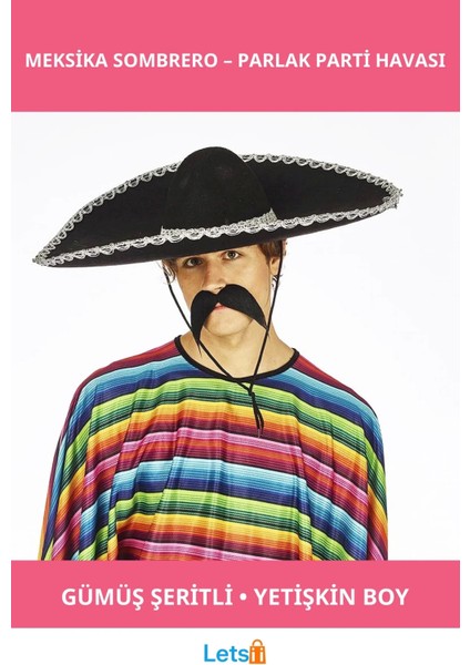 Gümüş Şeritli Sombrero Meksika Şapkası Yetişkin Boy