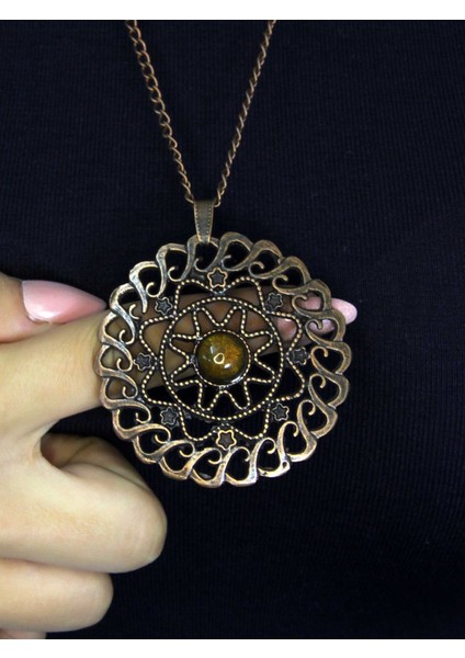 Doğal Taş Sitrin Doğal Taşlı Yuvarlak Model Antik Kadın Kolye EUK47S