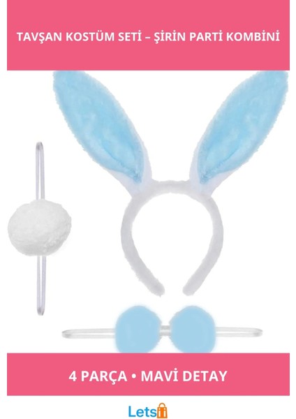Mavi Tavşan Kostüm Seti Taç, Papyon, Ponpon, Kuyruk