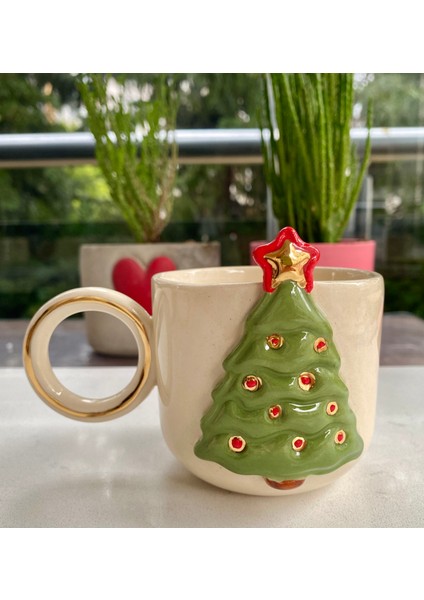 El Yapımı Seramik Gerçek 24K Altın Dekorlu Çam Ağacı Kupa