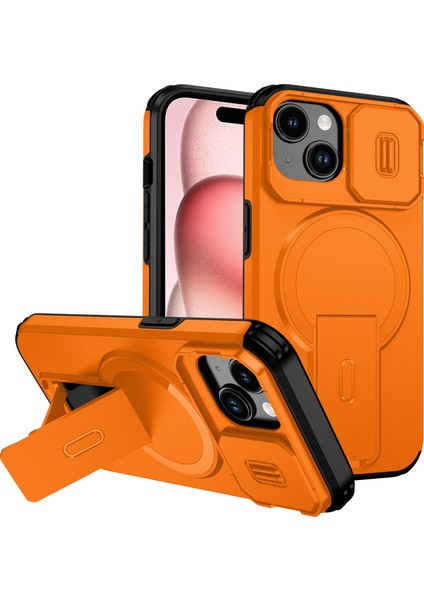 iPhone 15 Için Manyetik Kılıf, Kayar Kamera Korumalı Çift Katmanlı Darbeye Dayanıklı Telefon Kılıfı, Ayarlanabilir Stand, Turuncu (Yurt Dışından)