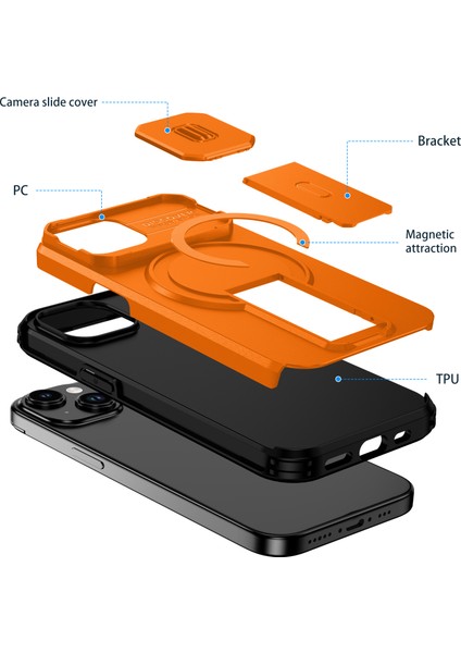 iPhone 15 Için Manyetik Kılıf, Kayar Kamera Korumalı Çift Katmanlı Darbeye Dayanıklı Telefon Kılıfı, Ayarlanabilir Stand, Turuncu (Yurt Dışından) fiyatları