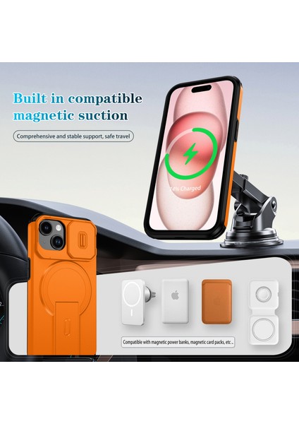 iPhone 15 Için Manyetik Kılıf, Kayar Kamera Korumalı Çift Katmanlı Darbeye Dayanıklı Telefon Kılıfı, Ayarlanabilir Stand, Turuncu (Yurt Dışından) modelleri