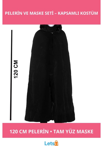 Siyah Kapüşonlu 120 cm Pelerin ve Beyaz Boyanabilir Tam Yüz Maske Kostüm