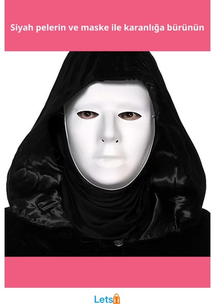 Siyah Kapüşonlu 120 cm Pelerin ve Beyaz Boyanabilir Tam Yüz Maske Kostüm fiyatları