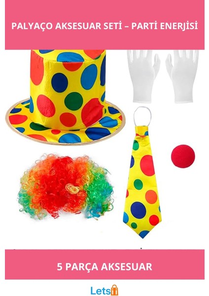 Renkli Palyaço Kostümü Şapka, Peruk, Kravat, Eldiven ve Burun ile 5 Parça Aksesuar