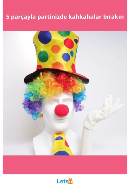 Renkli Palyaço Kostümü Şapka, Peruk, Kravat, Eldiven ve Burun ile 5 Parça Aksesuar fiyatları