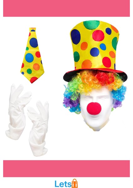 Renkli Palyaço Kostümü Şapka, Peruk, Kravat, Eldiven ve Burun ile 5 Parça Aksesuar modelleri