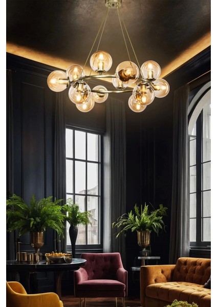 Vio Gold Renki Glop Camlı Çember Avize