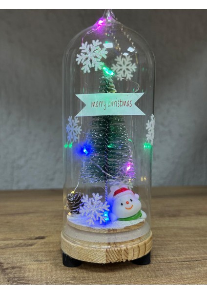 Yılbaşı Temalı, Yılbaşı Çam Ağacı, Kozalak, Kardan Adam, LED Işıklı Cam Fanus, Yılbaşı Hediyesi, Dekoratif Hediye, Aydınlatma