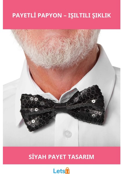 Şık Siyah Payetli Pullu Papyon