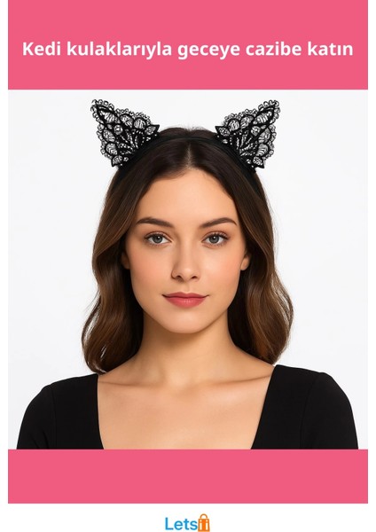 Siyah Dantel Kedi Kulaklı Taç ve File Eldiven Kombini Parti ve Kostüm Aksesuarı fiyatları