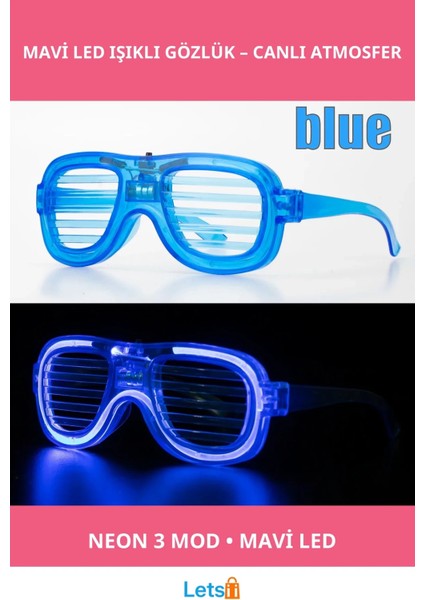 Mavi LED Işıklı Neon Parti Gözlüğü 3 Modlu Eğlence Aksesuarı