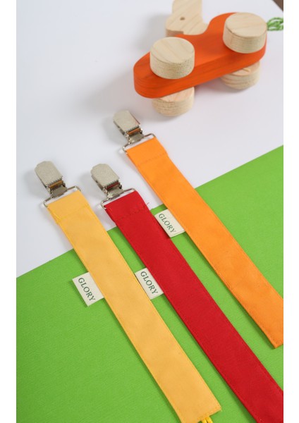 3'lü Set Bebek Emzik Askısı - Emzik Zinciri - Emzik Tutacağı - %100 Pamuk - Turuncu, Kırmızı, Sarı fiyatları
