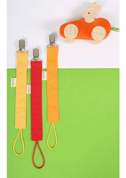 3'lü Set Bebek Emzik Askısı - Emzik Zinciri - Emzik Tutacağı - %100 Pamuk - Turuncu, Kırmızı, Sarı modelleri