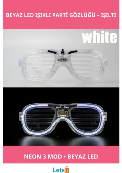 Beyaz LED Işıklı Neon Parti Gözlüğü 3 Modlu