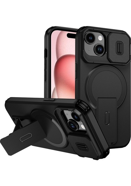 iPhone 15 Için Manyetik Kılıf, Kayar Kamera Korumalı Çift Katmanlı Darbeye Dayanıklı Telefon Kılıfı, Ayarlanabilir Stand, Siyah (Yurt Dışından)