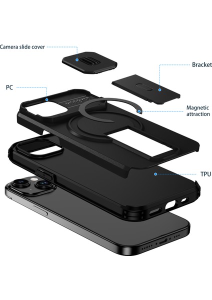 iPhone 15 Için Manyetik Kılıf, Kayar Kamera Korumalı Çift Katmanlı Darbeye Dayanıklı Telefon Kılıfı, Ayarlanabilir Stand, Siyah (Yurt Dışından) fiyatları