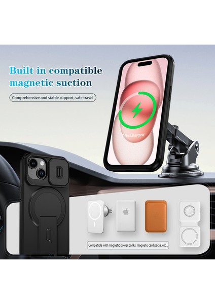 iPhone 15 Için Manyetik Kılıf, Kayar Kamera Korumalı Çift Katmanlı Darbeye Dayanıklı Telefon Kılıfı, Ayarlanabilir Stand, Siyah (Yurt Dışından) modelleri