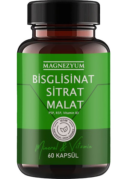Magnezyum Bisglisinat Magnezyum Sitrat Magnezyum Malat & Vitamin B2 B3 B6 ve Mineral Kapsülleri 60LI