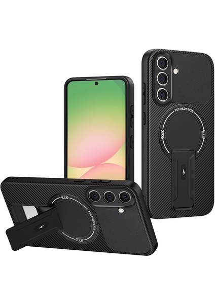 Samsung Galaxy A36/A56 Için Standlı Manyetik Karbon Fiber Tasarım Tpu Hibrit Telefon Kılıfı, Siyah (Yurt Dışından)