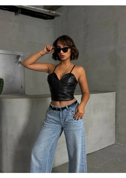 İp askılı yandan fermuarlı rastale deri crop siyah s24113 modelleri