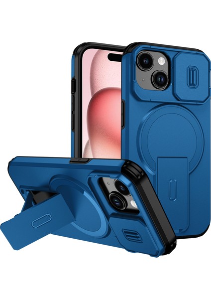 iPhone 15 Için Manyetik Kılıf, Kayar Kamera Korumalı Çift Katmanlı Darbeye Dayanıklı Telefon Kılıfı, Ayarlanabilir Stand, Mavi (Yurt Dışından)
