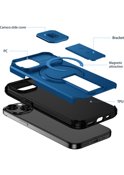 iPhone 15 Için Manyetik Kılıf, Kayar Kamera Korumalı Çift Katmanlı Darbeye Dayanıklı Telefon Kılıfı, Ayarlanabilir Stand, Mavi (Yurt Dışından) fiyatları