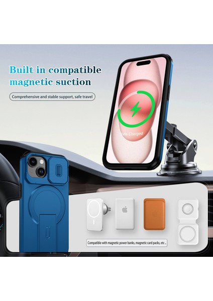 iPhone 15 Için Manyetik Kılıf, Kayar Kamera Korumalı Çift Katmanlı Darbeye Dayanıklı Telefon Kılıfı, Ayarlanabilir Stand, Mavi (Yurt Dışından) modelleri