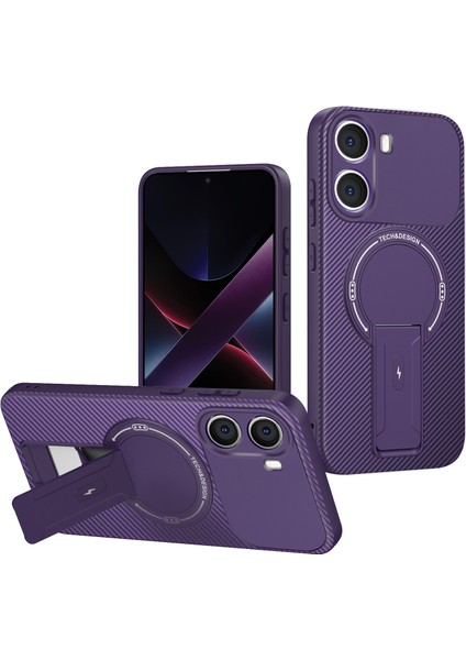 Xiaomi Poco X7 Pro Için Manyetik Kılıf, Standlı Karbon Fiber Tasarımlı Tpu Hibrit Telefon Kılıfı, Mor (Yurt Dışından)