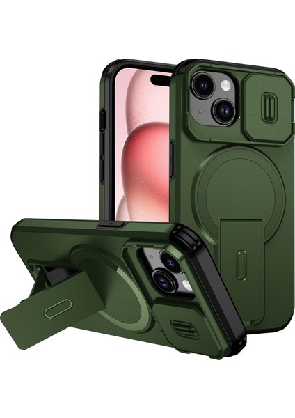 iPhone 15 Için Manyetik Kılıf, Kayar Kamera Korumalı Çift Katmanlı Darbeye Dayanıklı Telefon Kılıfı, Ayarlanabilir Stand, Yeşil (Yurt Dışından)
