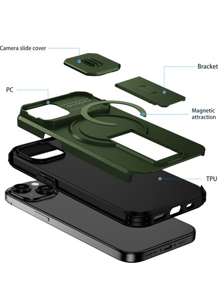 iPhone 15 Için Manyetik Kılıf, Kayar Kamera Korumalı Çift Katmanlı Darbeye Dayanıklı Telefon Kılıfı, Ayarlanabilir Stand, Yeşil (Yurt Dışından) fiyatları