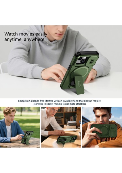 iPhone 15 Için Manyetik Kılıf, Kayar Kamera Korumalı Çift Katmanlı Darbeye Dayanıklı Telefon Kılıfı, Ayarlanabilir Stand, Yeşil (Yurt Dışından) indirimleri