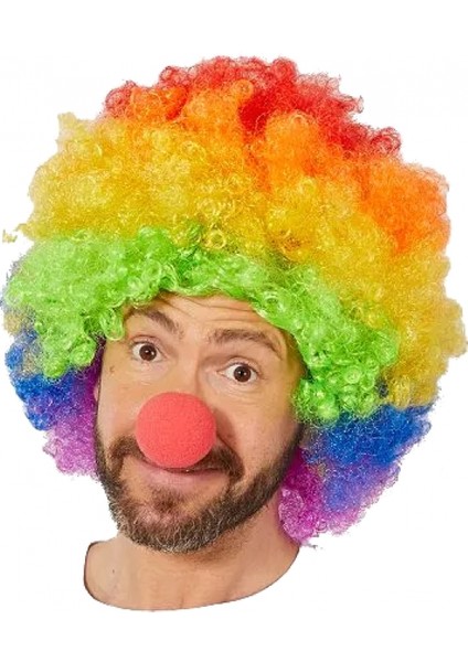 Rengarenk Gökkuşağı Afro Bonus Peruk ve Kırmızı Renk Sünger Burun 120 gr (K95)