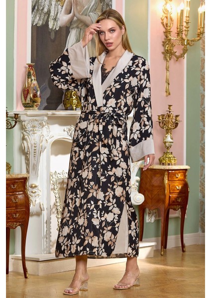 Aqua 25196 Desenli Şal Yaka Uzun Sabahlık