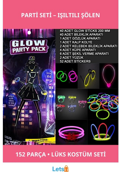 Fosforlu Parti Kostüm Seti 152 Parça Eğlenceli Işık Gökkuşağı Çubukları ve Aksesuarlar