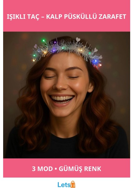 Kalp Püsküllü 3 Modlu LED Işıklı Taç Gümüş Renk