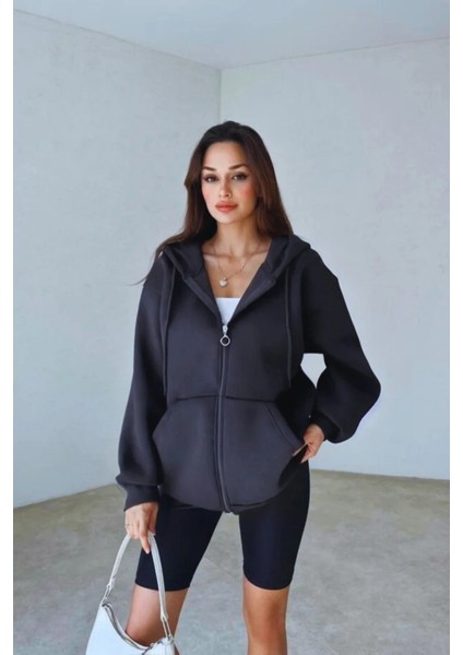 Kadın 3 Iplik Oversize Kapüşonlu Fermuarlı Hırka Sweatshirt