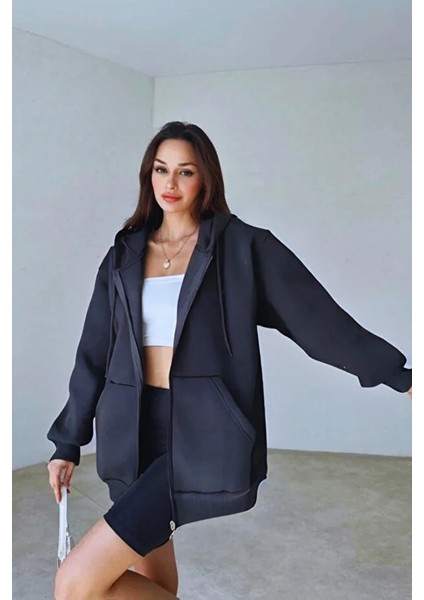 Kadın 3 Iplik Oversize Kapüşonlu Fermuarlı Hırka Sweatshirt fiyatları
