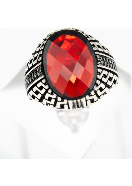 Kırmızı Doğal Taşlı 925 Ayar Gümüş Geometrik Desenli El Işçiliği Erkek Yüzük