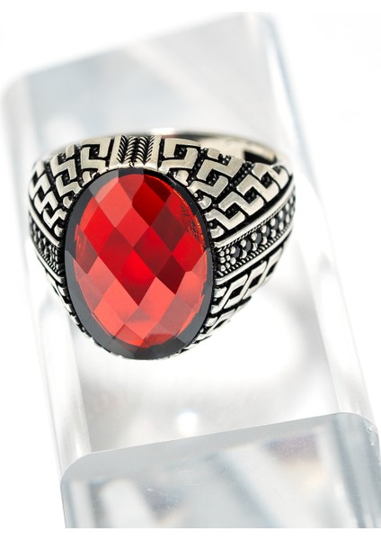 Kırmızı Doğal Taşlı 925 Ayar Gümüş Geometrik Desenli El Işçiliği Erkek Yüzük fiyatları