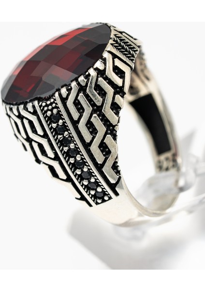 Kırmızı Doğal Taşlı 925 Ayar Gümüş Geometrik Desenli El Işçiliği Erkek Yüzük fırsatları