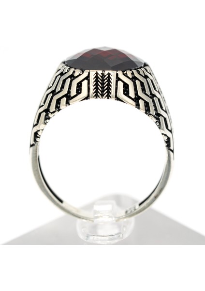Kırmızı Doğal Taşlı 925 Ayar Gümüş Geometrik Desenli El Işçiliği Erkek Yüzük indirimleri