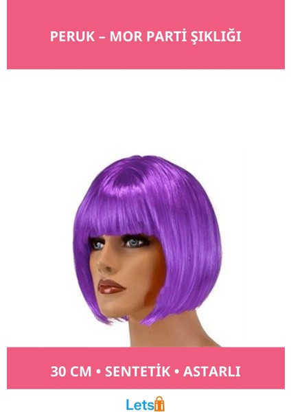 Kısa Mor Sentetik Parti Peruğu 30 cm